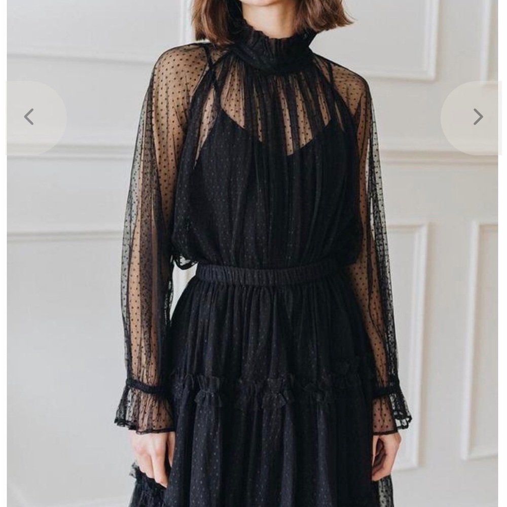Mille Chantal Top Tulle Blouse Swing High Mock Neck Ruffle Polka Dot Sheer Black